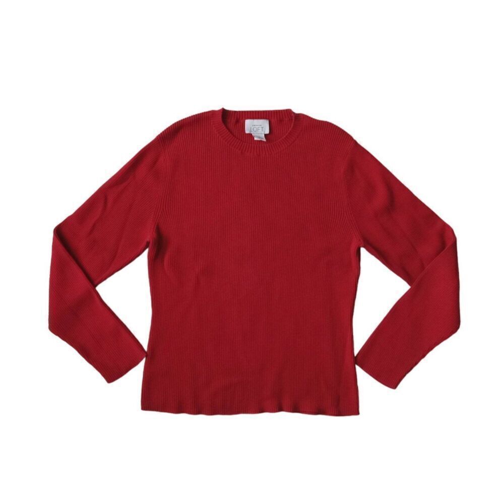 Loft Ann Taylor Red Tight Knit Ribbed Long Sleeve Pullover Sweater Women's Large